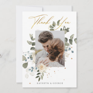 Soft Floral Gold Botanical Foliage Wedding Photo Thank You Card