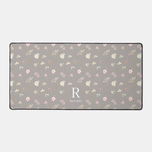 Soft Floral Grey Beige Custom Initial Monogram Desk Mat (Front)