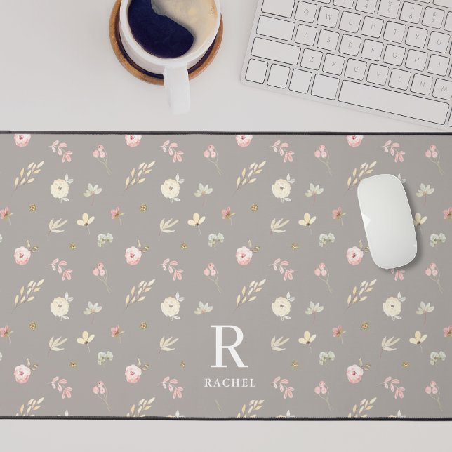 Soft Floral Grey Beige Custom Initial Monogram Desk Mat (Creator Uploaded)