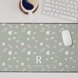 Soft Floral Muted Sage Custom Initial Monogram Desk Mat