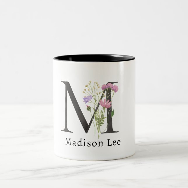 Soft Floral  Pink Purple Alphabets Name Letter M Two-Tone Coffee Mug (Center)