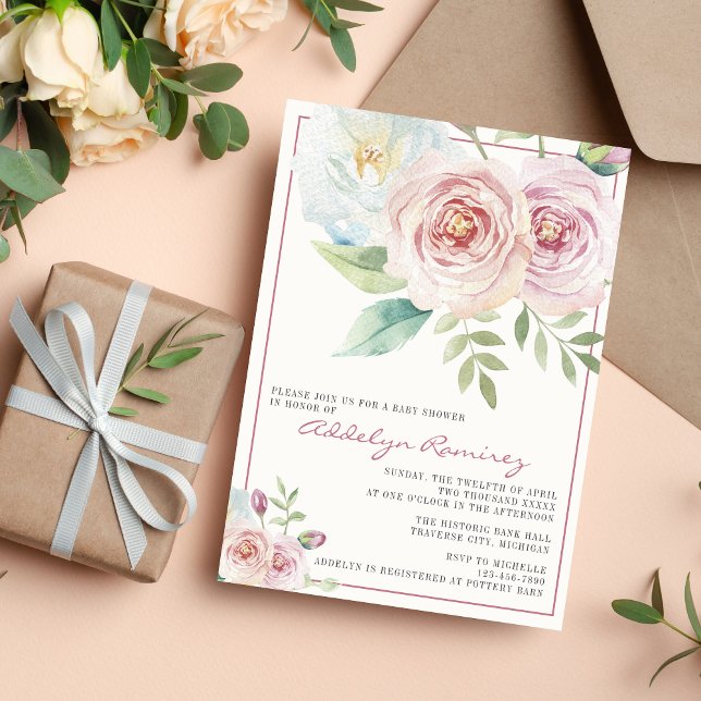 Soft Floral Romantic Greenery Mauve Baby Shower Invitation (Creator Uploaded)