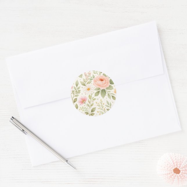 Soft Floral Watercolor Pattern   Classic Round Sticker (Envelope)