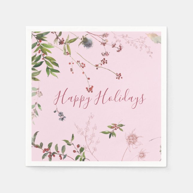 Soft Foliage and Berry Frame Pink Paper Napkin (Front)