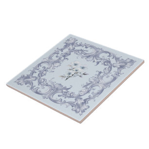 Soft French blue Scrolls with flowers Ceramic Tile