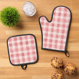Soft Girly Pink White Plaid Stripes Bridal Showe   Oven Mitt & Pot Holder Set