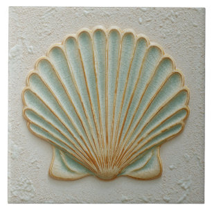 Soft Gold and Aqua Coastal Scallop Shell Ceramic Tile