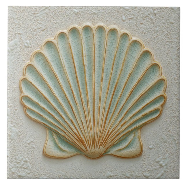 Soft Gold and Aqua Coastal Scallop Shell Ceramic Tile (Front)