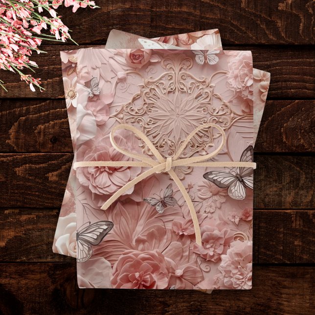 Soft Gold Baroque Blush Floral Butterfly Collage Wrapping Paper Sheet (Creator Uploaded)