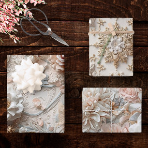 Soft Gold Baroque Floral Garden with Butterflies Wrapping Paper Sheet