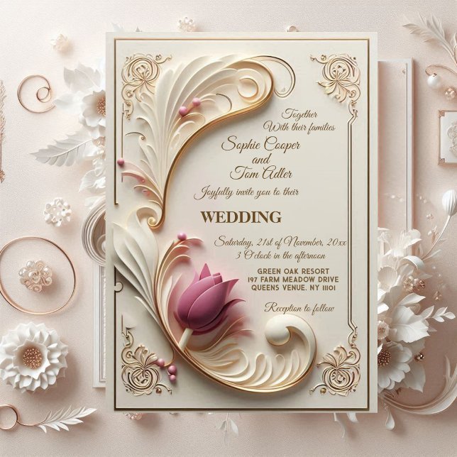 Soft Gold Baroque Grandeur with Tulip Floral Swirl Invitation (Soft Gold Baroque Grandeur with Tulip Floral Swirl Invitation)