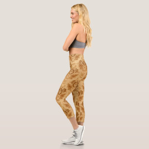 Soft Gold Damask Floral Capri Leggings