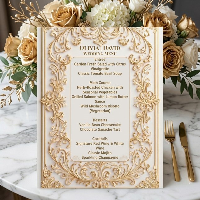 Soft Gold Ivory Baroque Floral Frame Wedding Menu  (Soft Gold Ivory Baroque Floral Frame Wedding Menu)