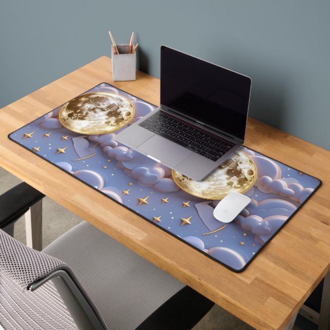Soft Gold Pale Blue Lavender Celestial Moon Desk Mat (Office 2)