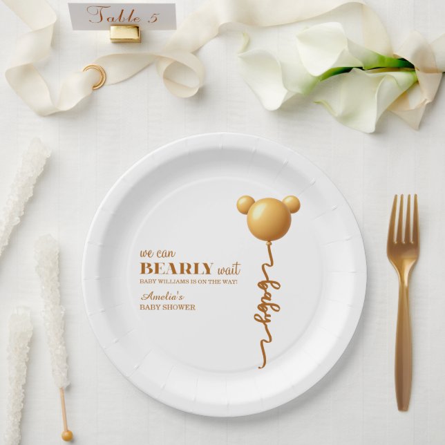 Soft Gold Teddy Balloon Bearly Wait Neutral Paper Plate (Wedding)