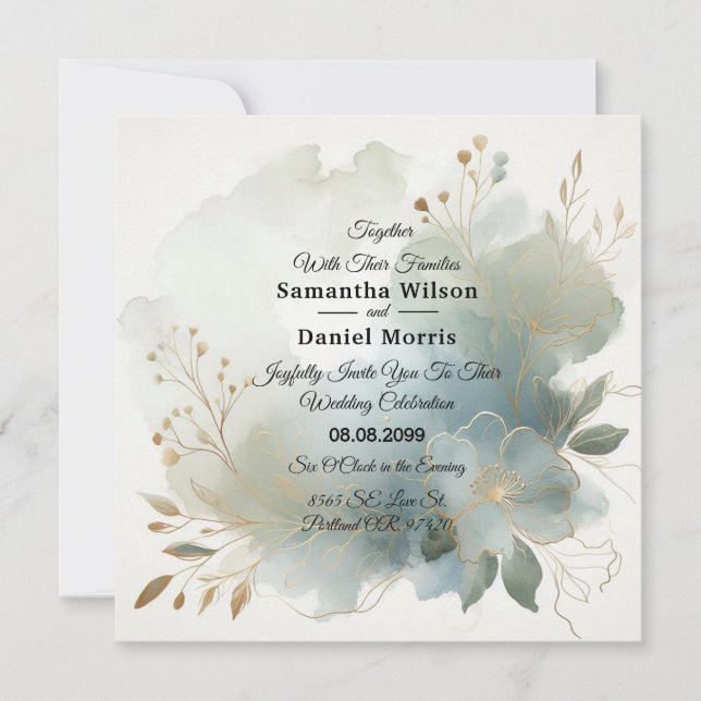 Soft Golden Dusty Blue Romance Wedding Invitation (Front)