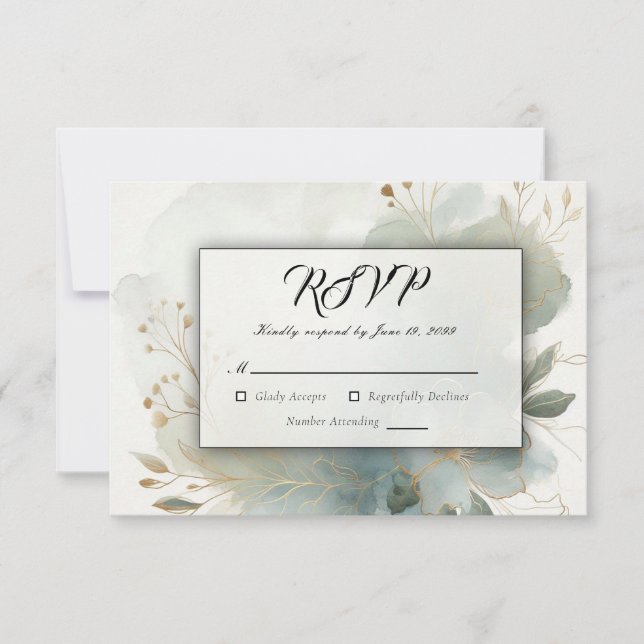 Soft Golden Dusty Blue Romance Wedding RSVP Card (Front)