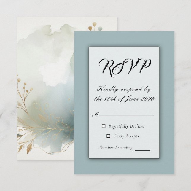 Soft Golden Dusty Blue Romance Wedding RSVP Card (Front/Back)