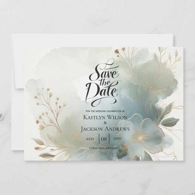 Soft Golden Dusty Blue Romance Wedding Save The Date (Front)