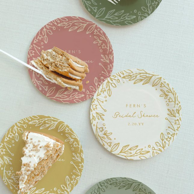 Soft Golden Garden Floral Bridal Shower Paper Plate (Sage green, blush pink, and golden paper party plates from the Gilded Garden bridal shower suite.)