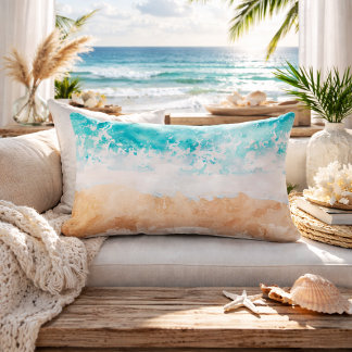 Soft Gradient Coastal Sandy Beach Teal Ocean Waves Lumbar Cushion