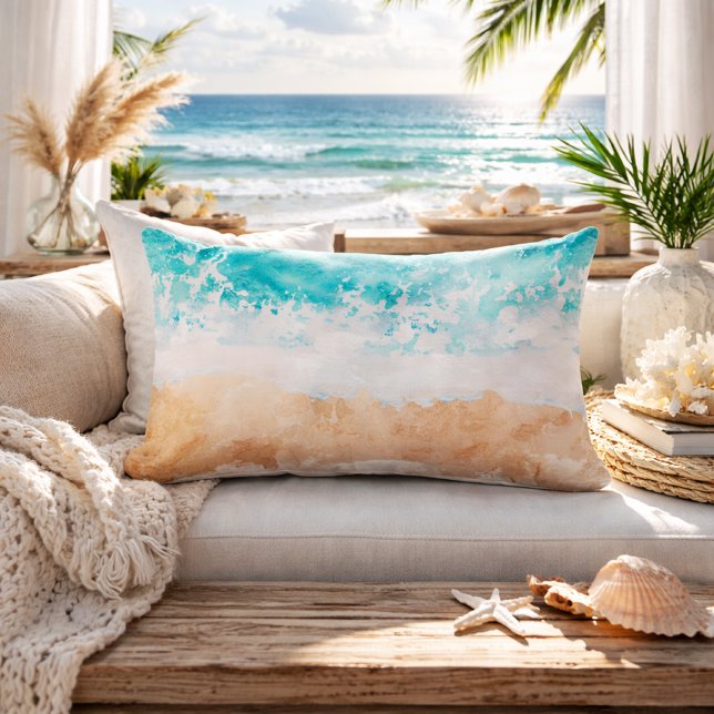 Soft Gradient Coastal Sandy Beach Teal Ocean Waves Lumbar Cushion (soft gradient sandy beach waves lumbar pillow)