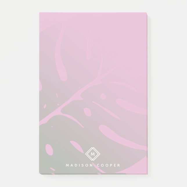 Soft Gradient Monstera Tropical Leaf Monogram Post-it Notes (Front)