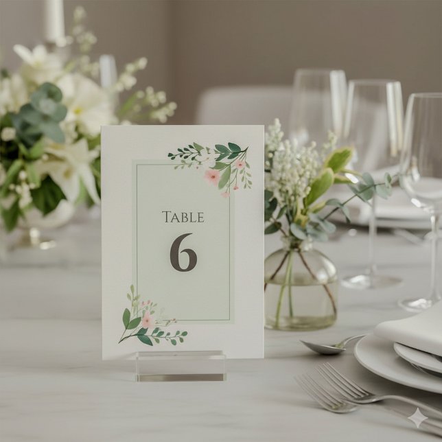 Soft green and pink Floral Table Number (Pretty botanical table number wedding reception card.)