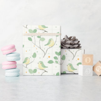 Soft Green Bird and Leaf Branch Pattern Design Wrapping Paper