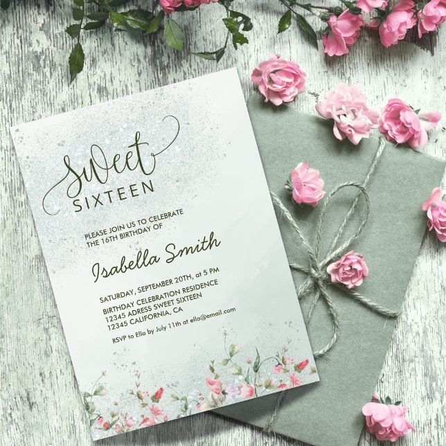 Soft Green & Blush Floral Sweet 16 Birthday Party  Invitation (Creator Uploaded)