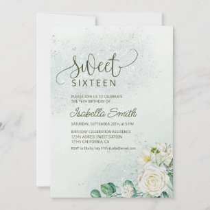 Soft Green & Blush Sweet 16 Invitation White Roses