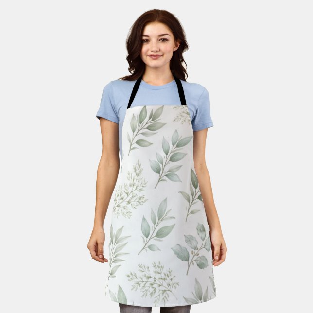 Soft Green Botanical Leaves Pattern  Apron (Worn)