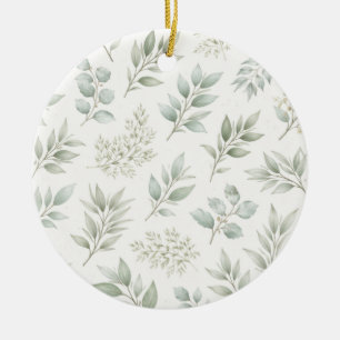 Soft Green Botanical Leaves Pattern Ceramic Ornament