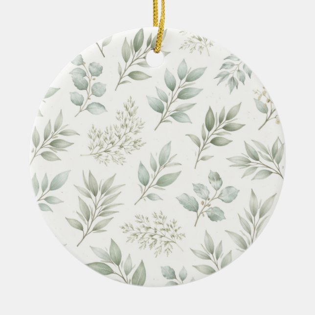 Soft Green Botanical Leaves Pattern  Ceramic Ornament (Front)