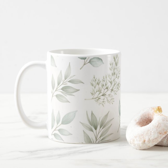Soft Green Botanical Leaves Pattern  Coffee Mug (With Donut)