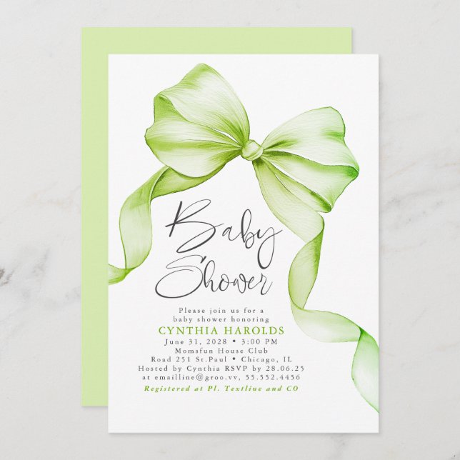 Soft Green Bow Cute Gender Neutral Baby Shower Invitation (Front/Back)