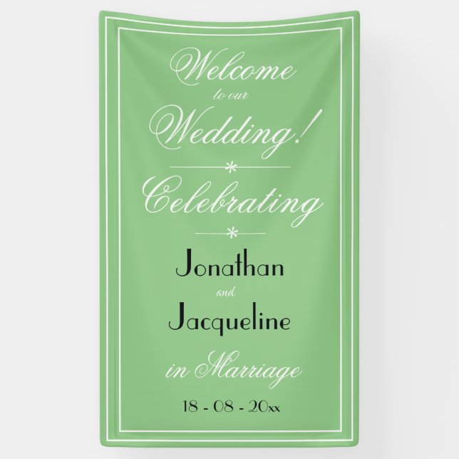  Soft Green Chic WhiteBlack Script Wedding Welcome Banner (Vertical)