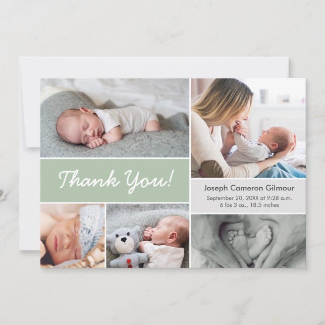 Soft Green Custom Photo Collage Baby Boy Birth  Thank You Card (Front)