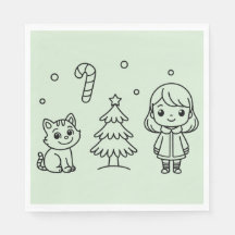 Soft Green Cute Girl and Cat Christmas Design