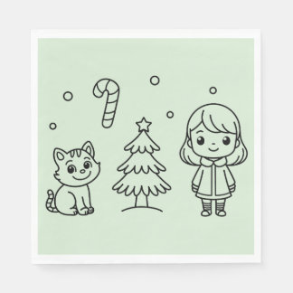 Soft Green Cute Girl and Cat Christmas Design Napkin