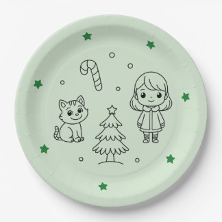 Soft Green Cute Girl and Cat Christmas Design Paper Plate