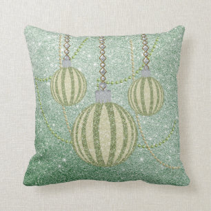 Soft Green Faux Glitter Christmas Ball Ornaments Cushion