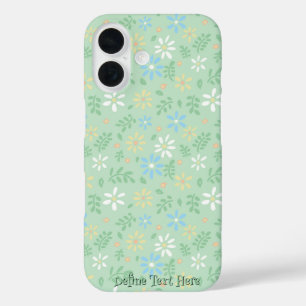Soft Green Floral with White Blue Yellow Flowers iPhone 16 Case