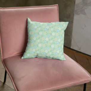 Soft Green Floral with White Blue Yellow Flowers Cushion