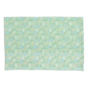 Soft Green Floral with White Blue Yellow Flowers  Pillowcase