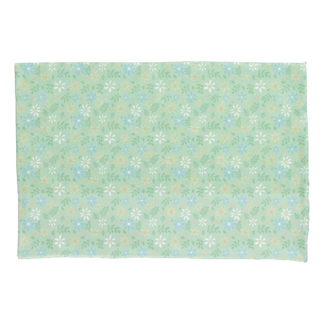 Soft Green Floral with White Blue Yellow Flowers  Pillowcase (Front)