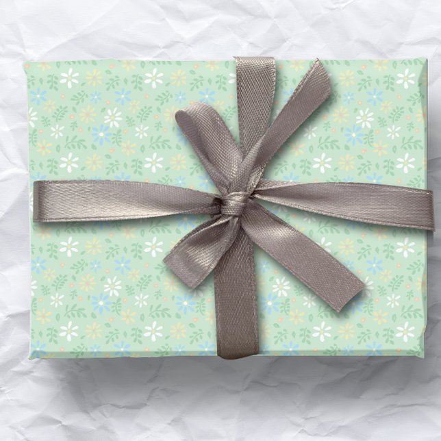 Soft Green Floral with White Blue Yellow Flowers  Wrapping Paper (Creator Uploaded)