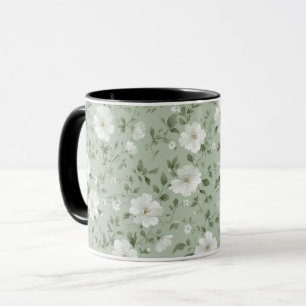 Soft Green Flower Cream Floral Pattern Mug