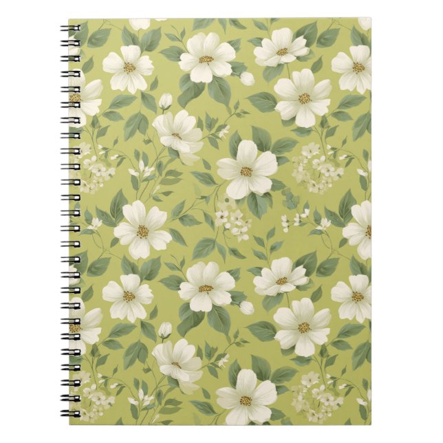 Soft Green Flower Cream Floral Pattern Notebook (Front)