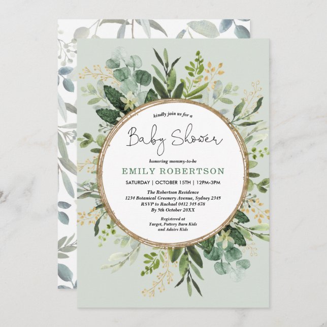 Soft Green Gold Botanical Greenery Baby Shower Invitation (Front/Back)